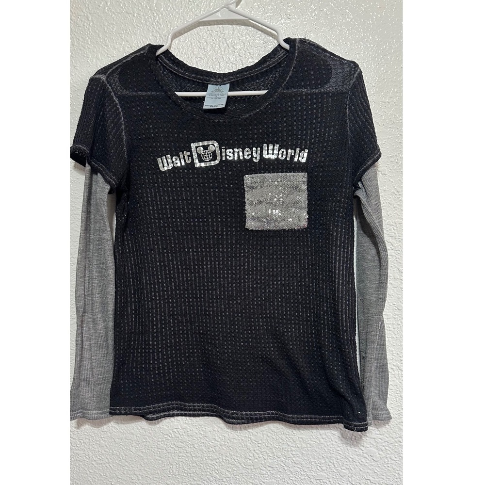 Walt Disney World Top Womens XS Black Gray Sequin Pocket Long Sleeve Shirt